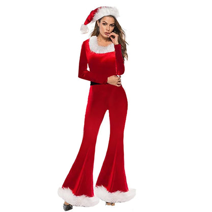 Women's Christmas Costume Jumpsuit Set with Santa Hat, Cute Long Sleeve Flared Leg Holiday Outfit, Santa Claus Cosplay Costume for Christmas Parties, Role-Playing Events and Festive Celebrations