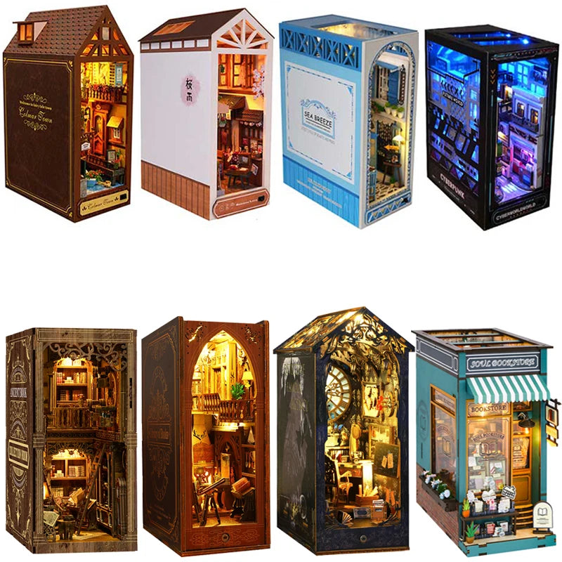 Kit de book nook à fabriquer soi-même – Maquette de maison de poupée miniature en bois à insérer dans une étagère pour adultes, loisirs créatifs et décoration d'intérieur