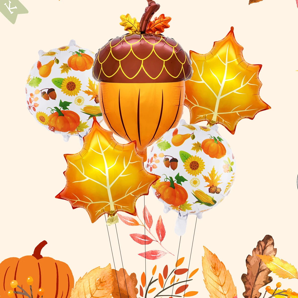5PCS Fall Maple Leaf, Pine Cone & Pumpkin Balloon Set – Autumn Harvest Festival & Thanksgiving Day Party Decorations