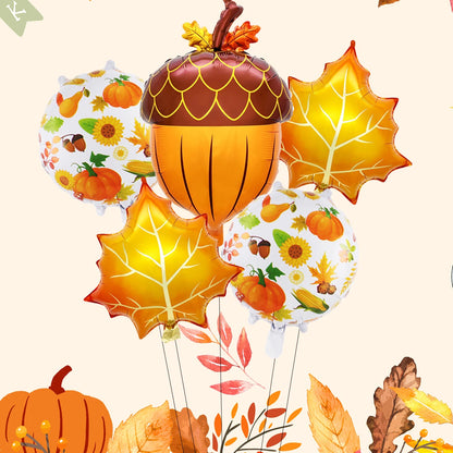 5PCS Fall Maple Leaf, Pine Cone & Pumpkin Balloon Set – Autumn Harvest Festival & Thanksgiving Day Party Decorations