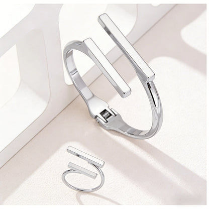 2Pcs Women’s Fashion Geometric Open Bracelet Ring Set Simple Design Trend Holiday Party Gift