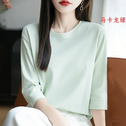 Camiseta de algodón mercerizado para mujer, manga corta, cuello redondo, top básico suave de verano