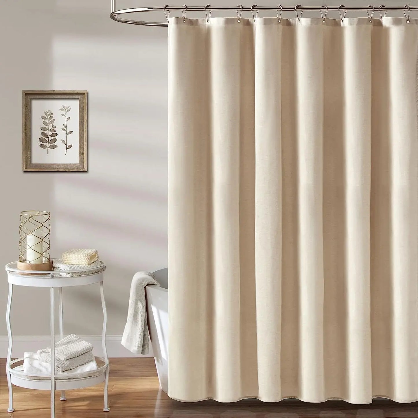 Cortina de ducha de lino de lujo – Cortina de baño de tela impermeable con ganchos de metal