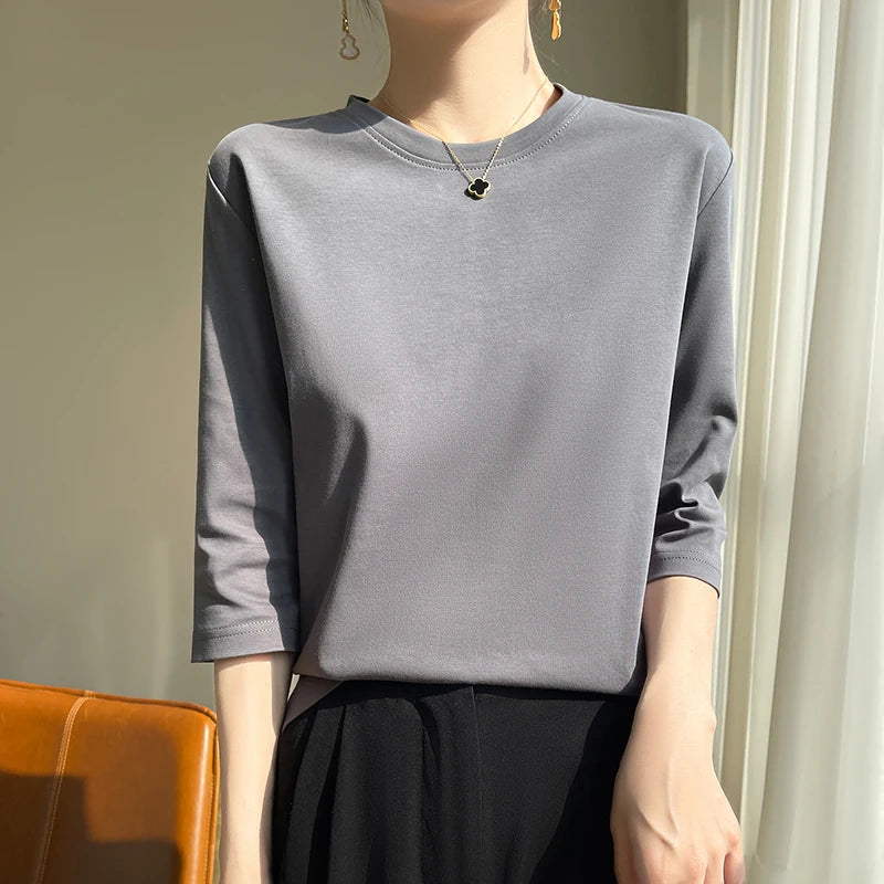 Camiseta de algodón mercerizado para mujer, manga corta, cuello redondo, top básico suave de verano