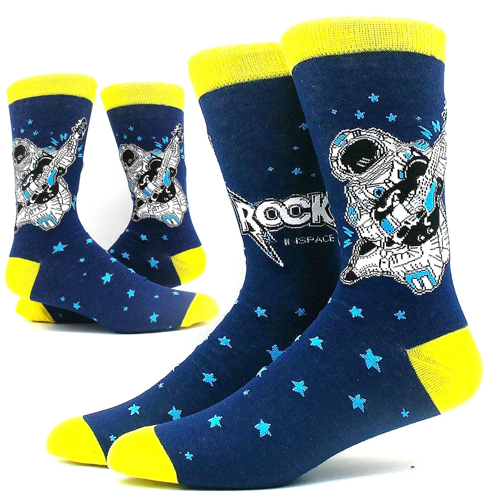 Funny Colorful Hip Hop Socks – Combed Cotton Animal, Astronaut & Geometric Print Socks for Men & Women, Business Dress Wear