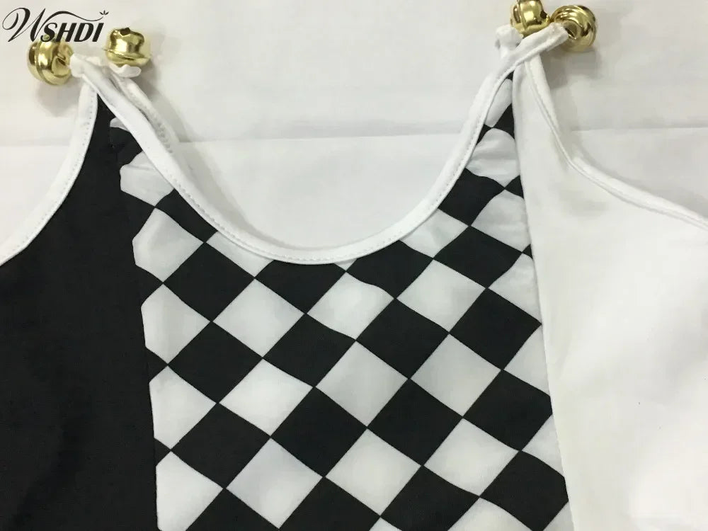 Black & White Clown Cosplay Costume – Women’s Circus Jumpsuit Set (Halloween/Carnival Masquerade Outfit)