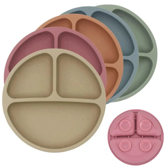 Plato de silicona con ventosa para bebé – Plato de alimentación para niños pequeños con forma de cara sonriente y secciones divididas, vajilla infantil sin BPA