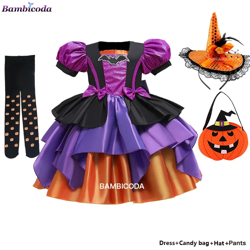 Girls Pumpkin Halloween Costume Dress – Fancy Bat Print Witch Princess Ball Gown for Cosplay, Festival & Party