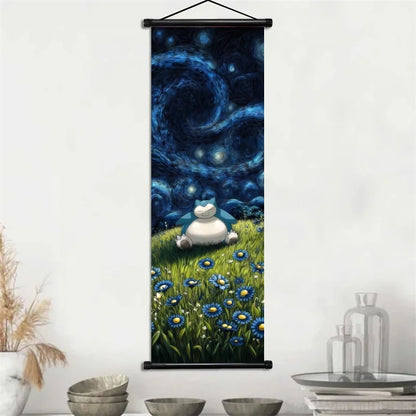 Pokémon Gengar, Squirtle y Mimikyu Noche Estrellada – Lienzo Decorativo Enrollable para Pared – Regalo para Decoración del Hogar