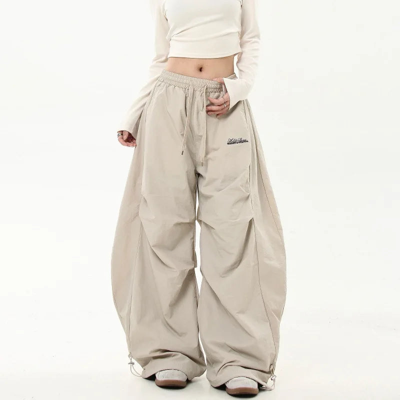 American Retro Hip-Hop Cargo Pants – High-Waist Pleated Military Workwear Trousers with Adjustable Drawstring