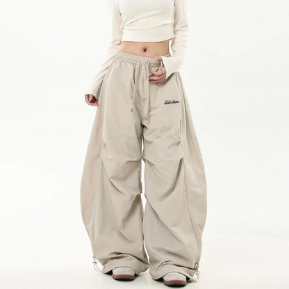 American Retro Hip-Hop Cargo Pants – High-Waist Pleated Military Workwear Trousers with Adjustable Drawstring