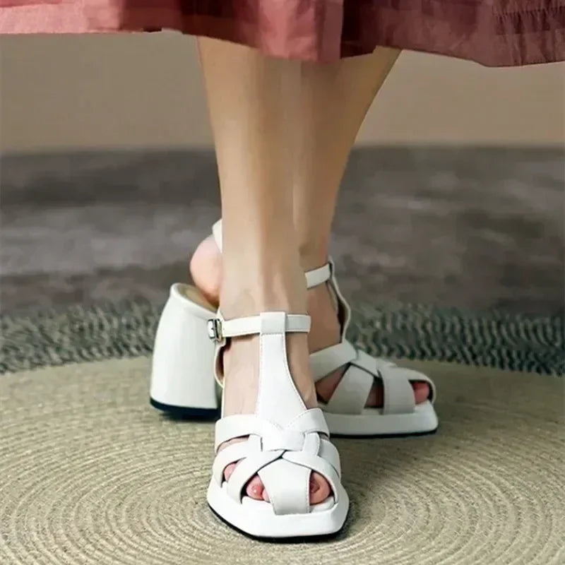 Sandalias de plataforma con tacón grueso para mujer – Zapatos de gladiador retro de cuero PU con punta cuadrada tejida, tacones de cuña de verano
