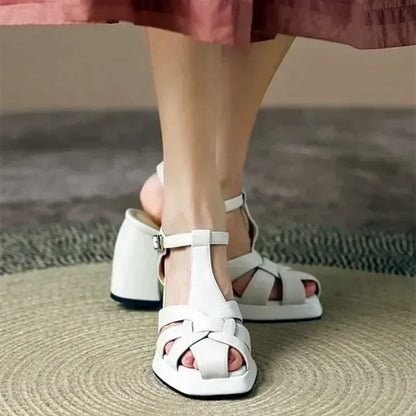 Sandalias de plataforma con tacón grueso para mujer – Zapatos de gladiador retro de cuero PU con punta cuadrada tejida, tacones de cuña de verano