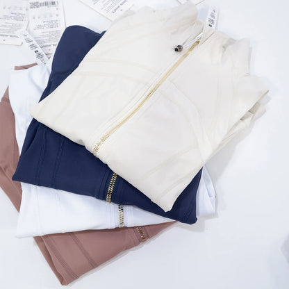 Chaqueta de yoga de mujer ajustada con cremallera – Top deportivo de cuello alto de secado rápido para gimnasio, running y fitness