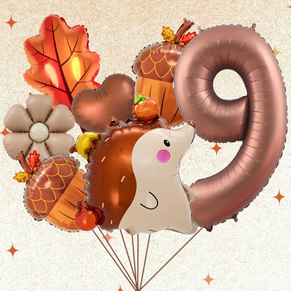 7PCS Autumn Pinecone & Hedgehog Balloon Set – 40-Inch Number Balloons 1–9 for Birthday, Thanksgiving Party Decor & Photo Props