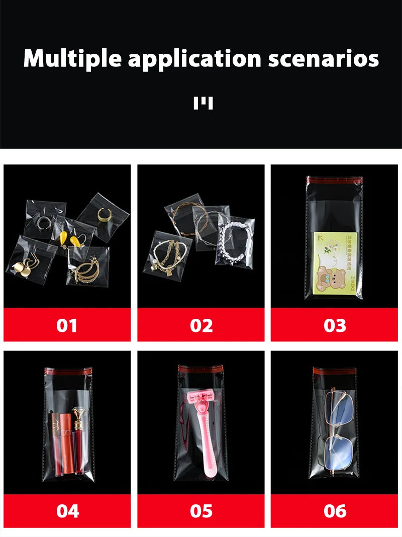 100 sacs auto-adhésifs transparents en OPP – Sachets d'emballage en plastique refermables pour vêtements, bijoux, biscuits, bonbons et emballage cadeau