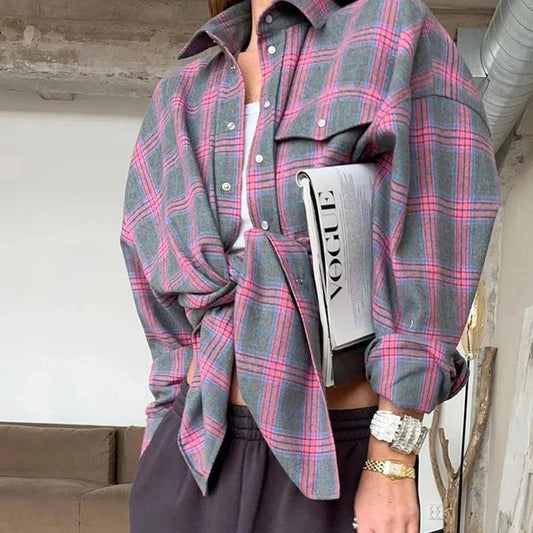 Camisa de cuadros extragrande para mujer, blusa de manga larga con botones y bolsillo, estilo coreano