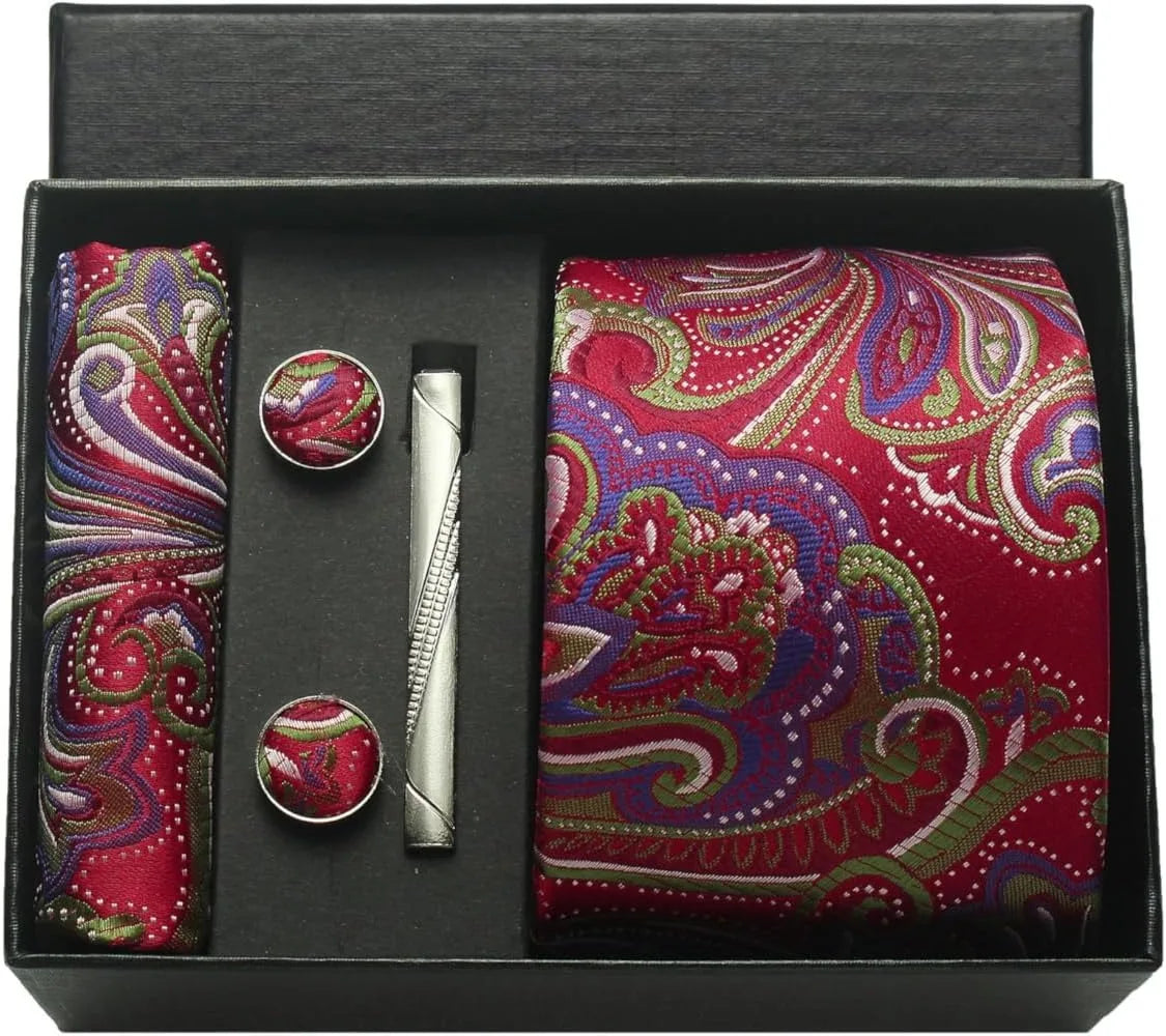 Corbata de seda 100% con diseño floral de Paisley para hombre con pañuelo de bolsillo, pasador de corbata y gemelos en caja de regalo