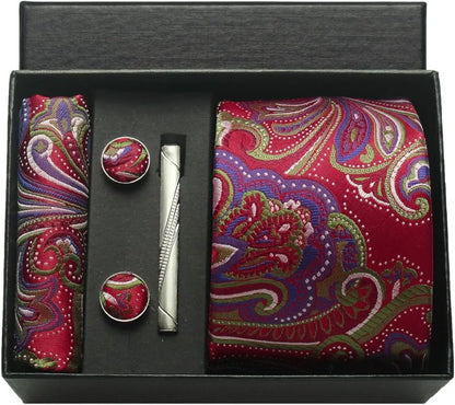 Corbata de seda 100% con diseño floral de Paisley para hombre con pañuelo de bolsillo, pasador de corbata y gemelos en caja de regalo
