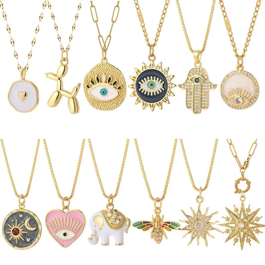 Women’s Heart Evil Blue Eye Sun Necklace Gold Color Dog Bee Elephant Pendant Long Stainless Steel Chain