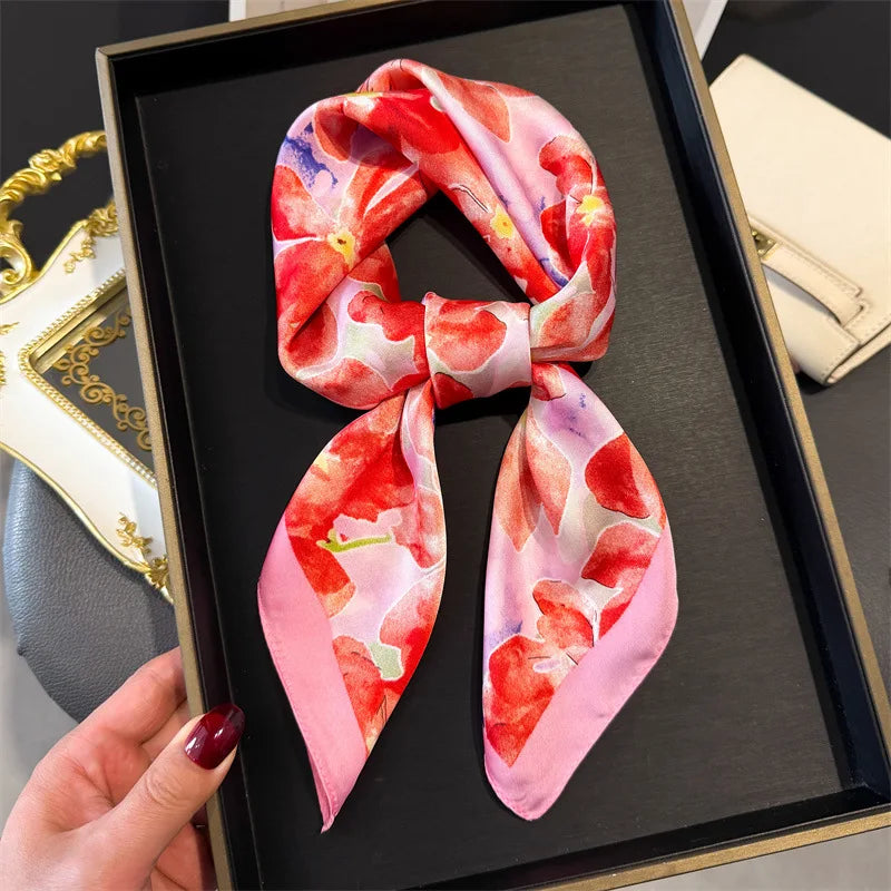 2024 Lujosa Bufanda Cuadrada de Seda de 70cm para Mujer con Estampado Floral, Pañuelo de Diseñador, Fular, Chal, Hiyab, Diadema, Lazos