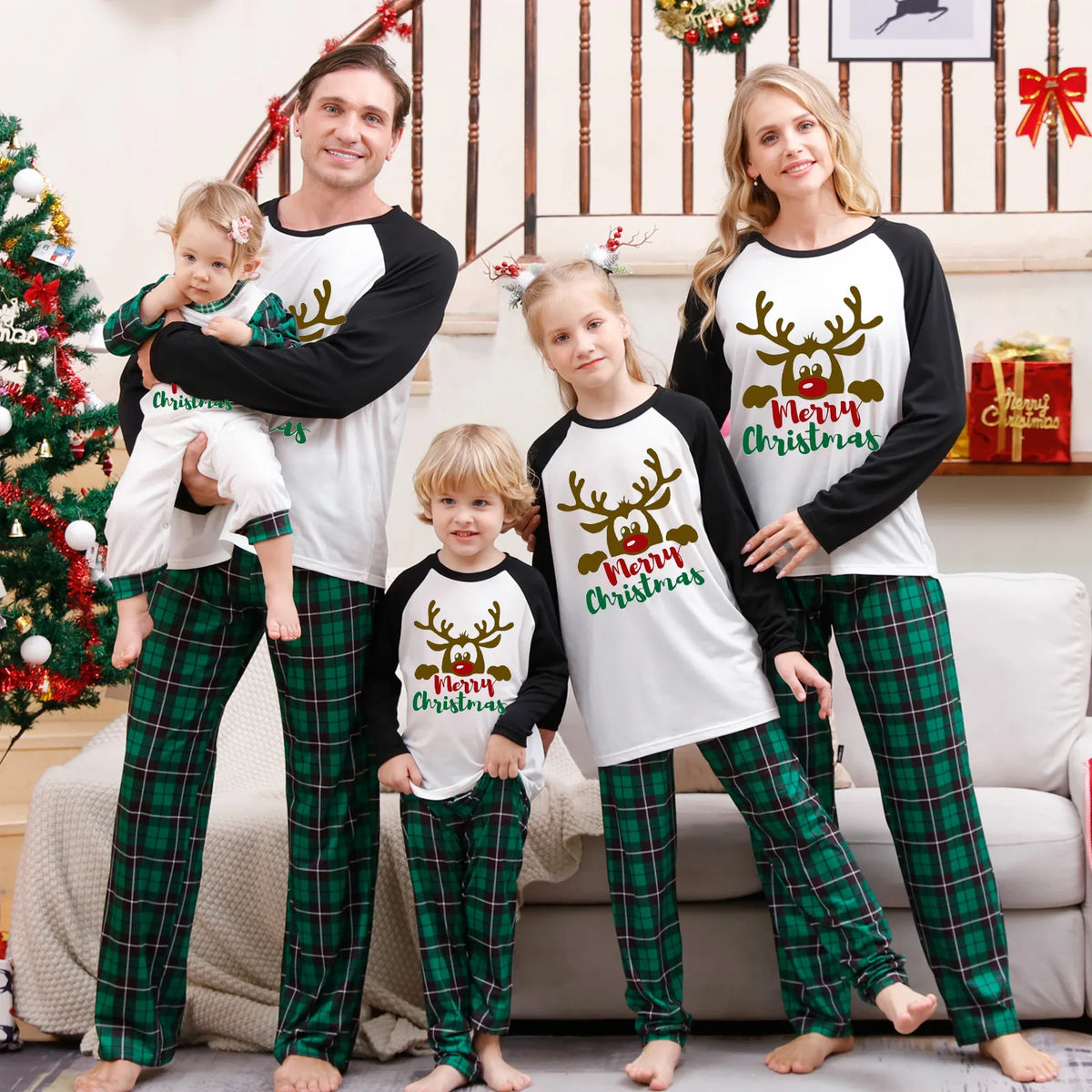 Christmas Family Matching Pajamas Set – 2-Piece Xmas Sleepwear for Mom, Dad & Kids, Baby Rompers, Casual Loose Family Holiday Outfits