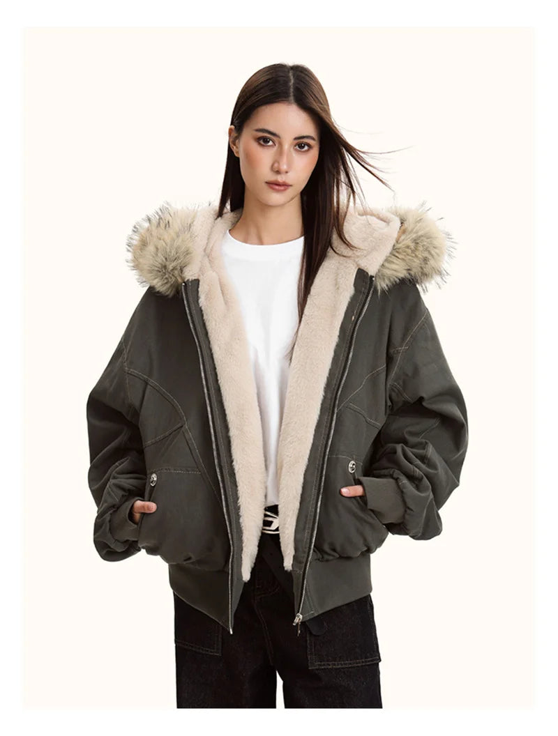 ZAROY Unisex Y2K Gothic Parka Jacket Faux Fur Collar Hooded Thick Padded Winter Coat Harajuku Streetwear Zipper Outerwear for Women and Men