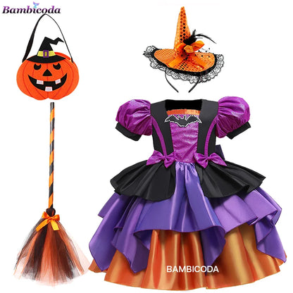 Girls Pumpkin Halloween Costume Dress – Fancy Bat Print Witch Princess Ball Gown for Cosplay, Festival & Party