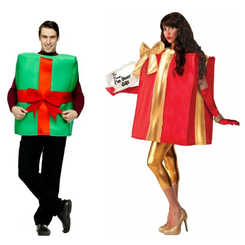 Adult Christmas Present Box Costume with Bow Decoration, Sleeveless Gift Box Cosplay Outfit for Christmas Parties, Holiday Events, Costume Parties and Festive Celebrations