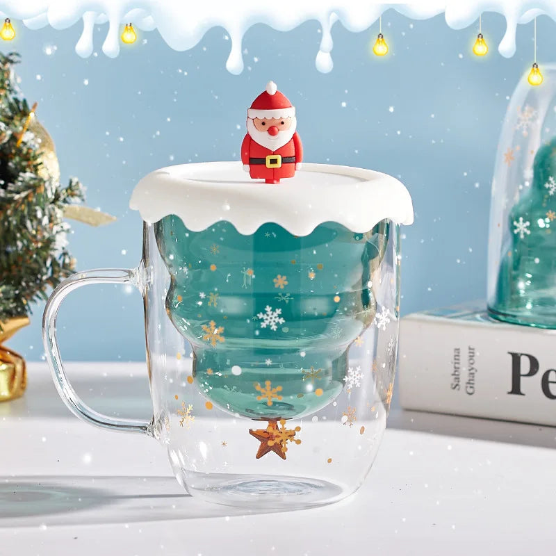 Christmas Tree Glass Cup – Transparent Double-Wall Heat-Resistant Couples Mug with Snowflake Design, Creative Coffee & Drinking Cup Gift