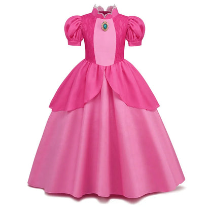 Princess Peach Cosplay Dress – Bubble Sleeve Princess Costume for Kids, Summer Halloween & Christmas Party Outfit