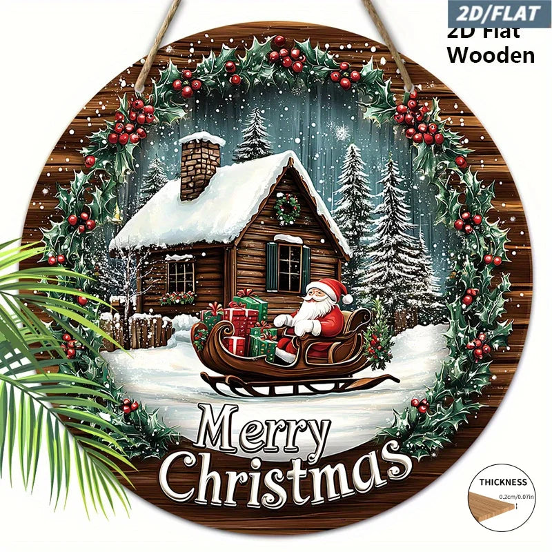 2D Wooden Christmas Wreath Sign – Embossed Santa Claus Sleigh Scene Door & Wall Decoration for Holiday Home Decor