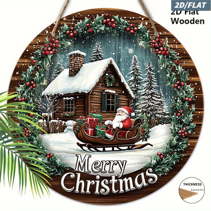 2D Wooden Christmas Wreath Sign – Embossed Santa Claus Sleigh Scene Door & Wall Decoration for Holiday Home Decor