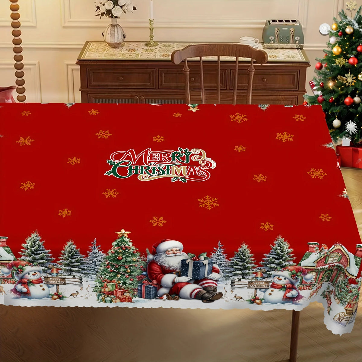 Christmas Santa Claus Snowman Tablecloth – Winter Snowflake Dining Table Cover for Kitchen, Home & Holiday Decor
