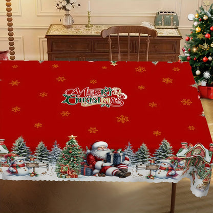Christmas Santa Claus Snowman Tablecloth – Winter Snowflake Dining Table Cover for Kitchen, Home & Holiday Decor