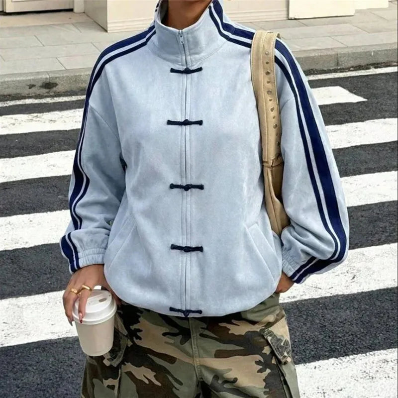Women’s Chinese Frog-Button Jacket – Retro Oversized Stand Collar Track Coat with Striped Sleeves, Zip-Up Closure & Casual Streetwear Style