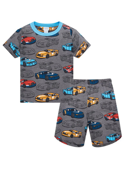 Conjunto de pijama de 2 piezas para niños, 100% algodón, estampado de coches, suave, transpirable, de manga corta, para verano
