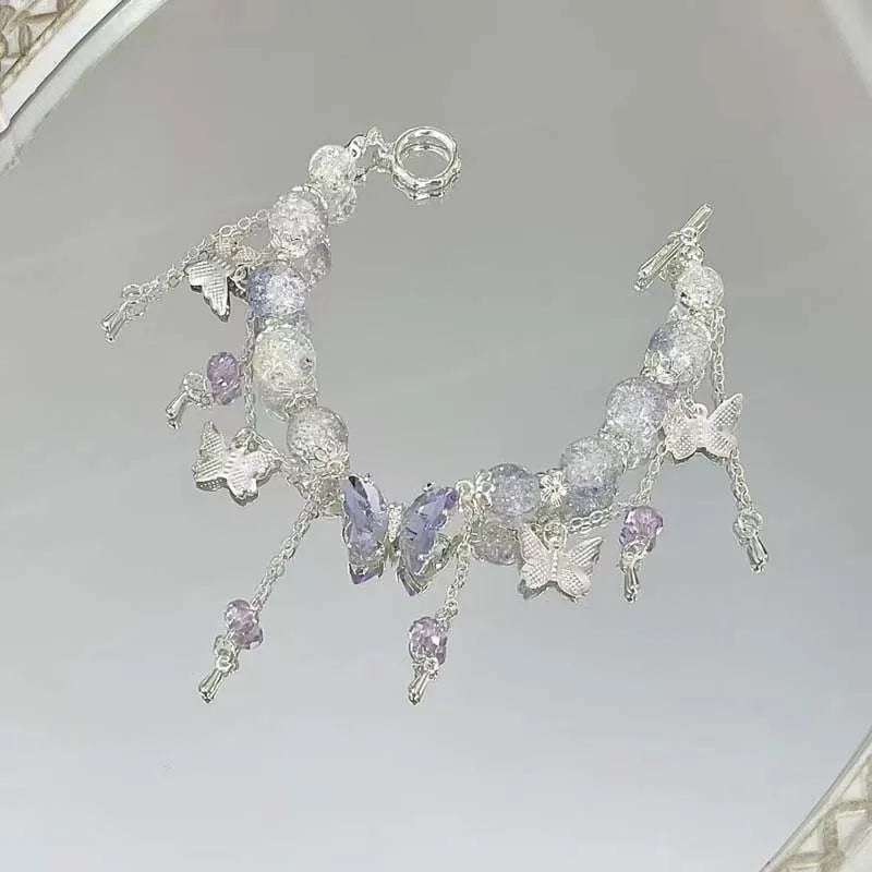Brazalete coreano de mariposa con flor de cristal rosa – Pulsera dulce de cadena con cuentas y dije colgante para mujer, regalo de joyería de moda
