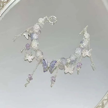 Brazalete coreano de mariposa con flor de cristal rosa – Pulsera dulce de cadena con cuentas y dije colgante para mujer, regalo de joyería de moda