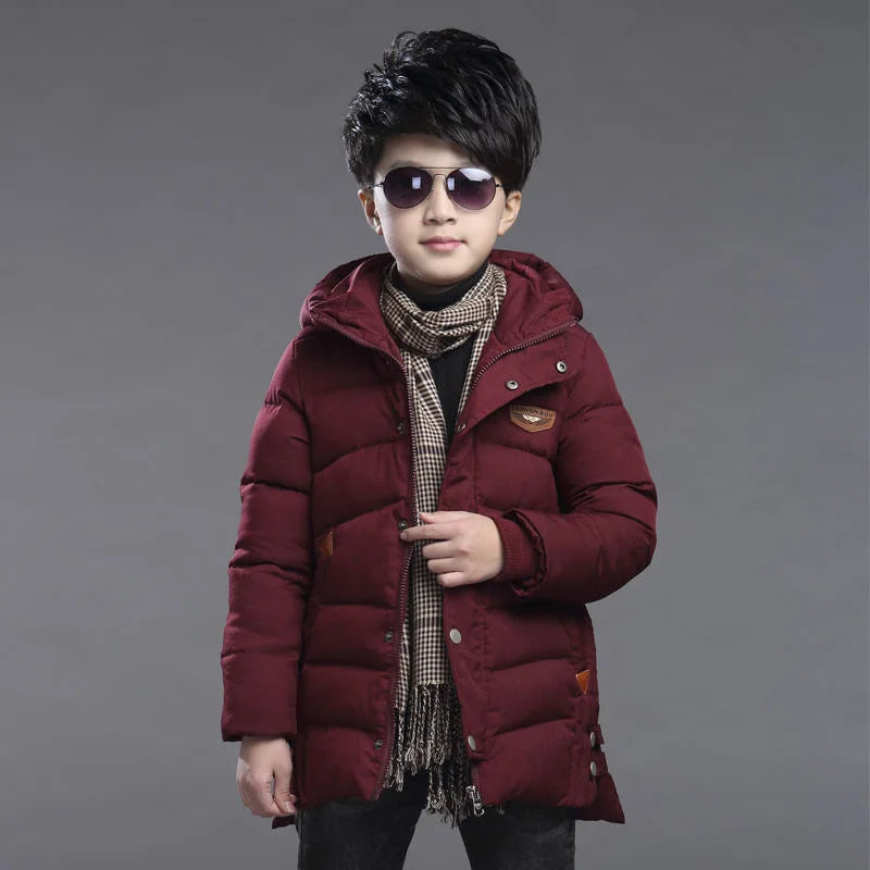 Boys Winter Hooded Jacket Ages 5-14, Warm Slim Fit Long Coat for Kids, Fashionable Windproof Outdoor Outerwear for Teen Boys