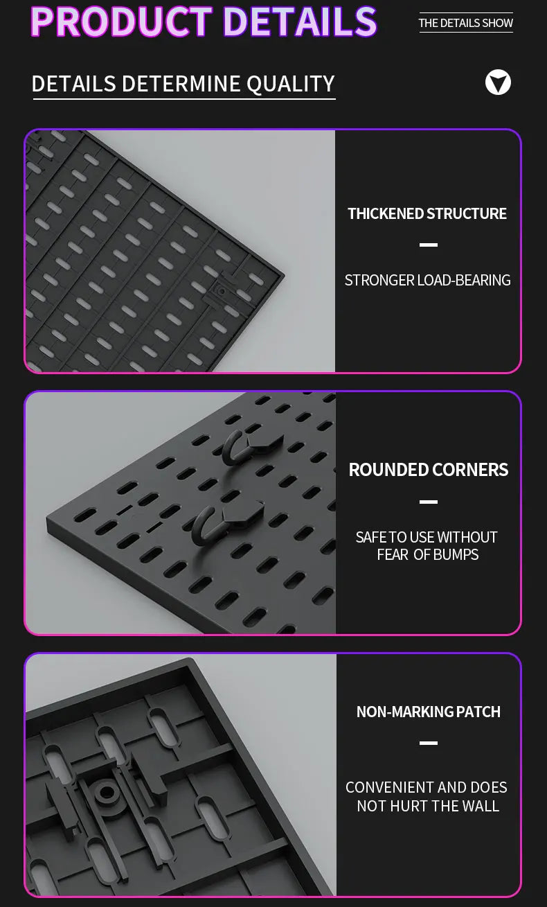 Organizador de pared de tablero perforado sin taladros – Panel de almacenamiento modular con estantes y accesorios para cocina, baño y sala de juegos