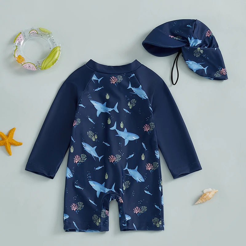 Kids Shark Print Rash Guard Swimwear Set – Long Sleeve Half Zip-Up Bathing Suit with Sun Hat, 2-Piece Toddler Boys’ Swimsuit for 0-5 Years, UV Protective Beachwear for Pool, Swimming & Summer Activities