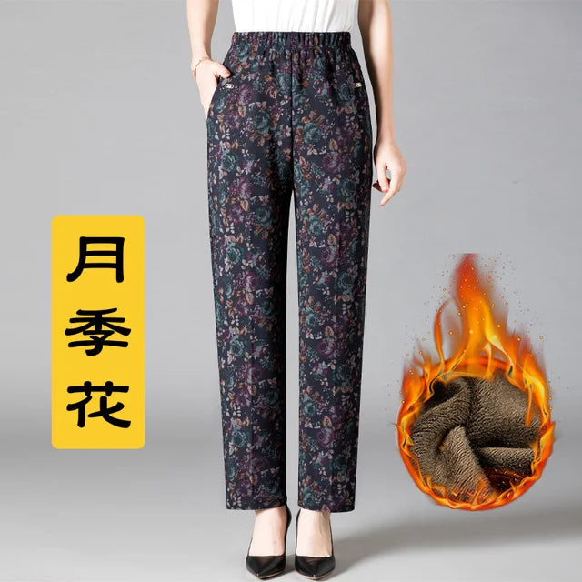 8XL Plus Size Women's Winter Pants – Printed Elastic High-Waist Velvet Trousers, Warm Straight-Leg Casual Oversized Fit