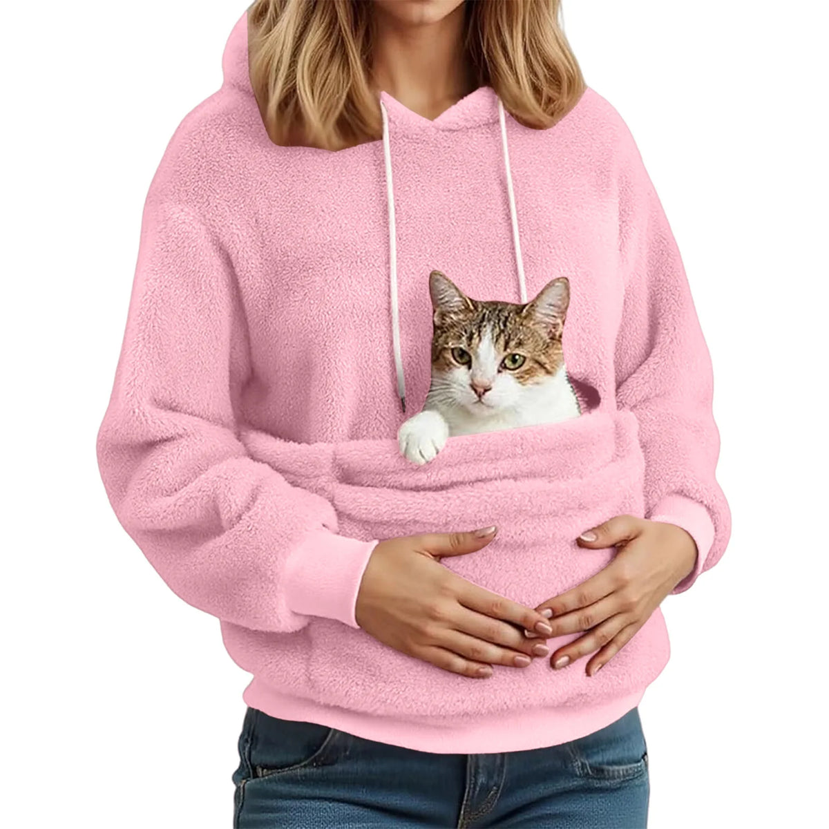 Women's Fall & Winter Fleece Hoodie – Casual Solid-Color Pullover Sweatshirt with Pet Pocket, Drawstring Hood & Cozy Loose Fit