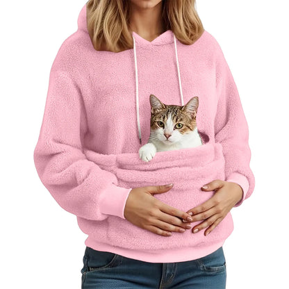 Women's Fall & Winter Fleece Hoodie – Casual Solid-Color Pullover Sweatshirt with Pet Pocket, Drawstring Hood & Cozy Loose Fit