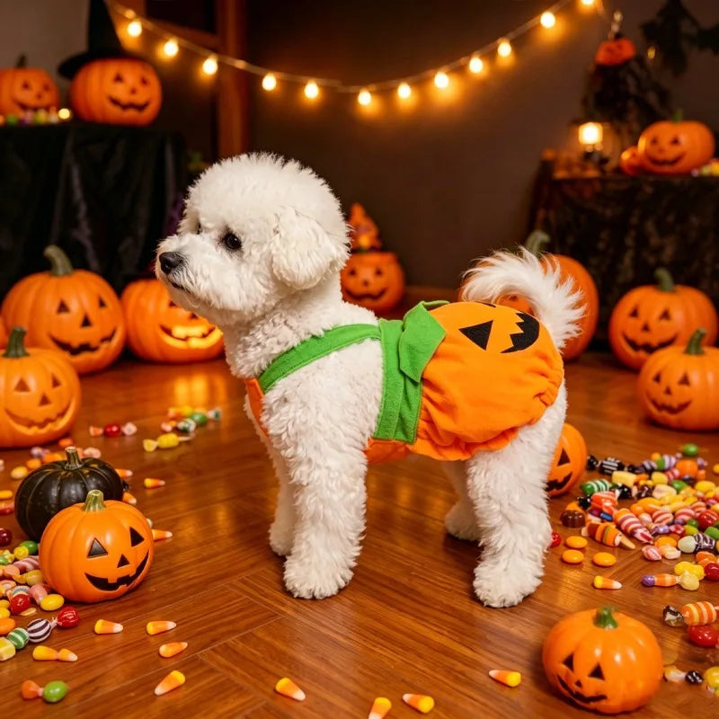 Halloween Pumpkin Pet Dress – Adjustable Washable Overall Costume for Small Dogs & Cats, Funny Scary Trick-or-Treat Outfit for Puppies
