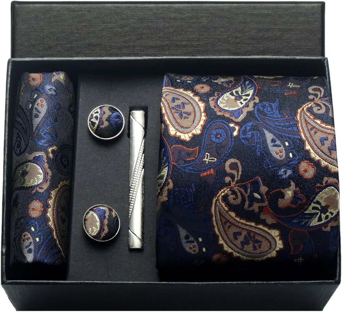 Corbata de seda 100% con diseño floral de Paisley para hombre con pañuelo de bolsillo, pasador de corbata y gemelos en caja de regalo