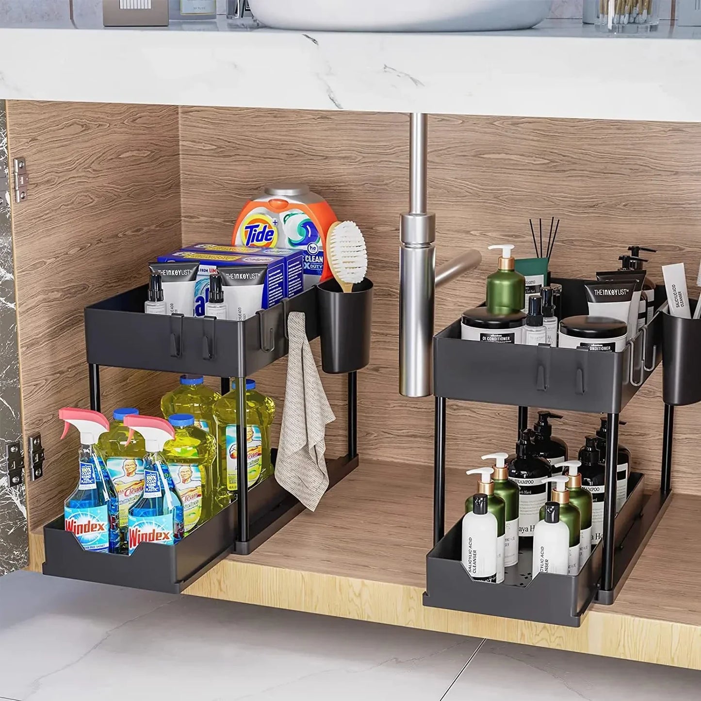 2-Tier Pull Out Under Sink Organizer – Slide-Out Cabinet Storage Rack with Hooks & Cups for Kitchen & Bathroom