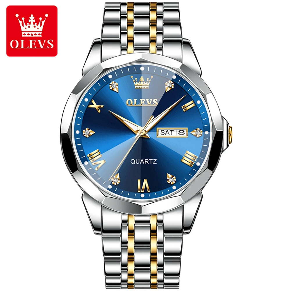 OLEVS 9931 Men’s Quartz Wristwatch – Luxury Diamond-Style Dial, Dual Calendar, Waterproof Design & Stainless Steel Strap