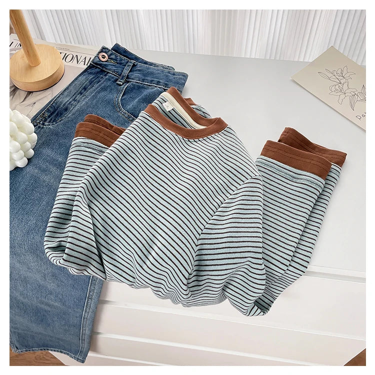 T-shirt rayé rétro à blocs de couleurs pour femmes, à manches longues, col rond, ourlet asymétrique en coton, chemise décontractée de base